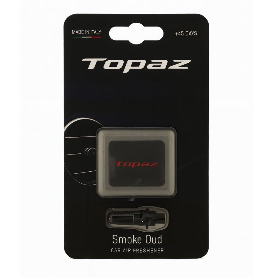 Topaz Square Classic Black car air freshener with Smoke Oud scent — front view