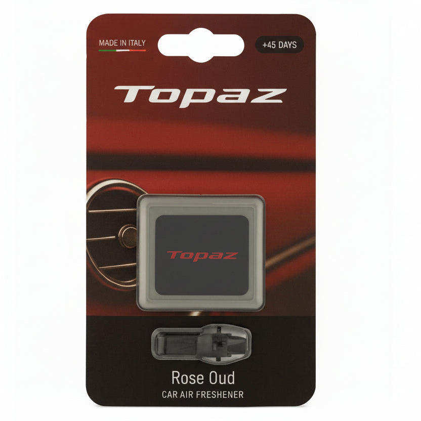 Topaz Square Classic Grey car air freshener with Rose Oud scent — front view