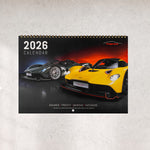 2026 calendar with two sports cars on a gray background